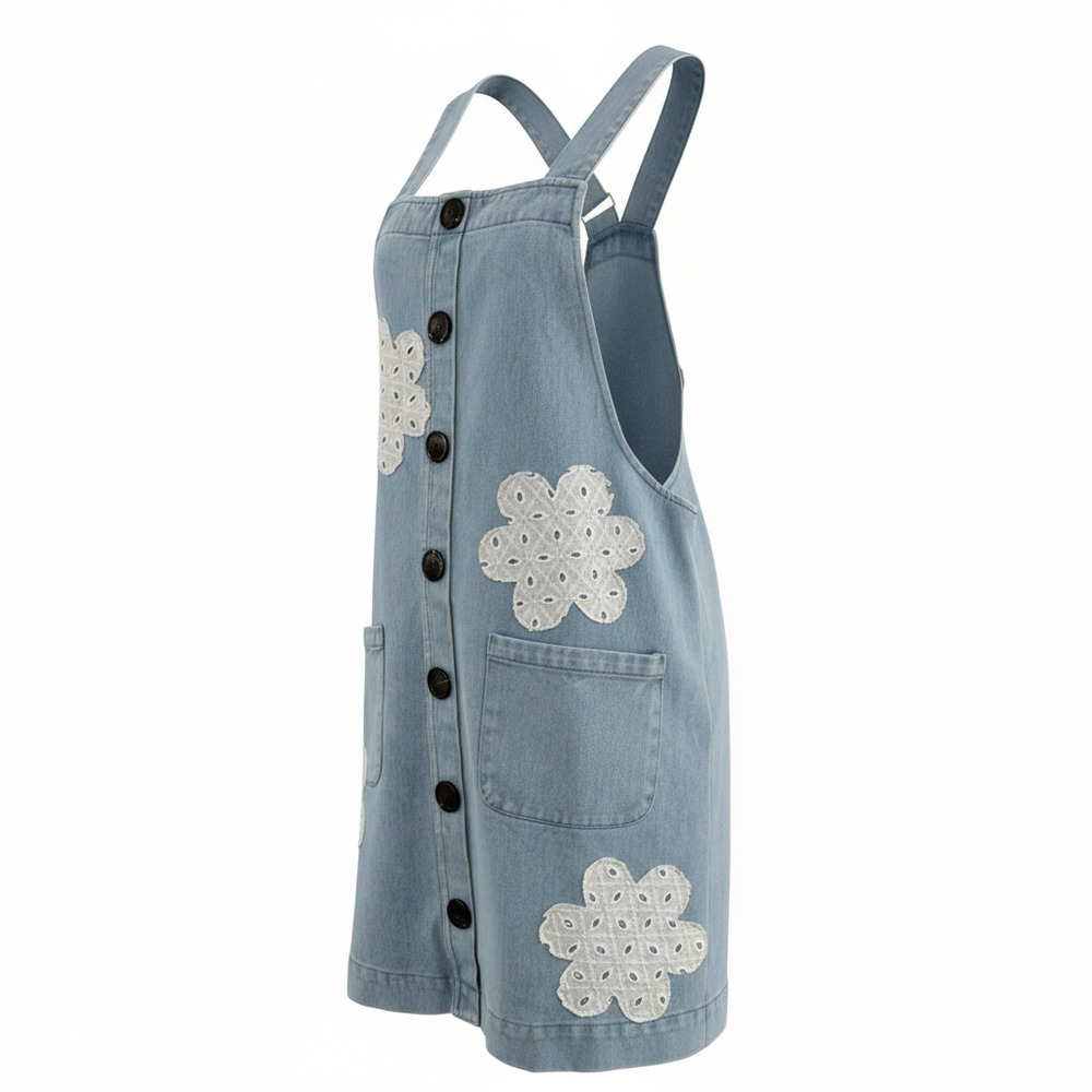 Oddi Los Angeles Dress Jumper Large Blue White Denim Embroidered Flowers